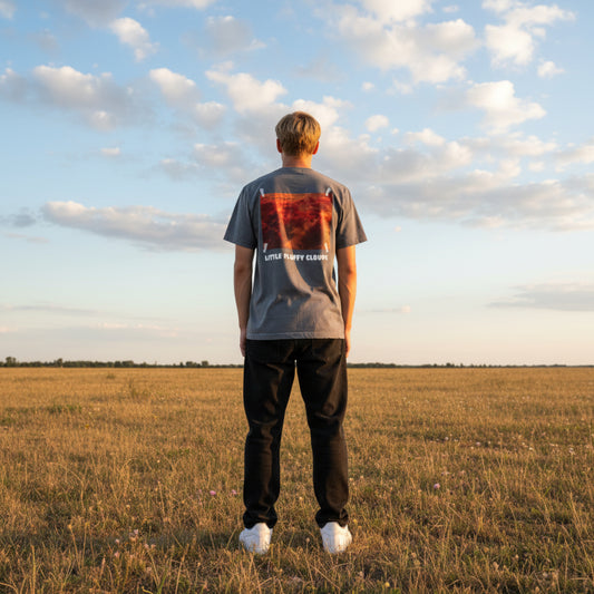 Gray t-shirt with a fiery cloud design and 'Little Fluffy Clouds' text on the back on male model in a field