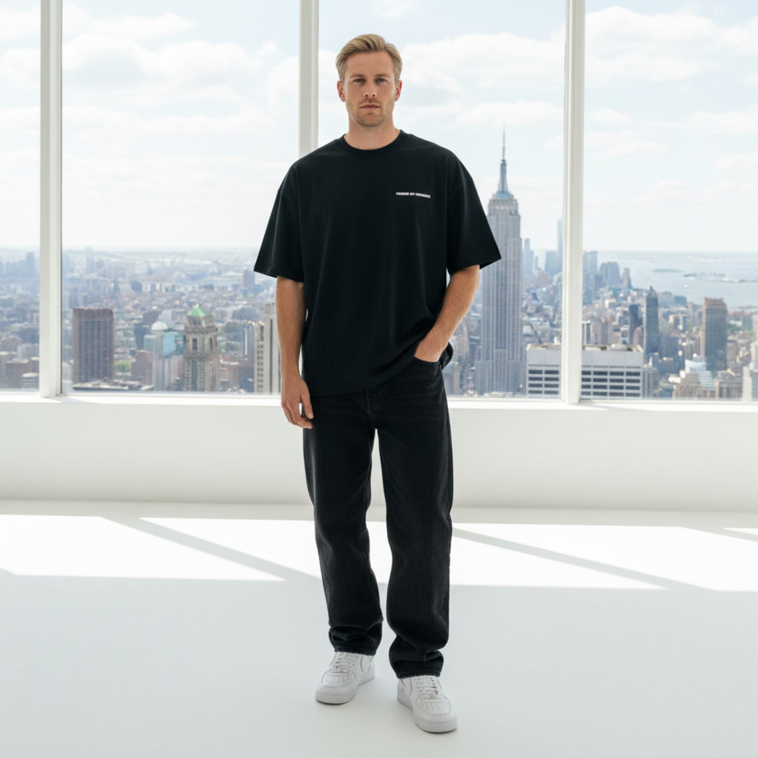 Black t-shirt with white chest logo on male model in photo studio