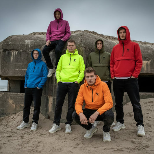 Group of people wearing colourful recycled polyester anoraks on a beach with a large concrete structure in the background.