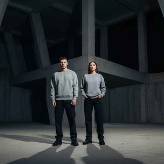 Light grey sweatshirt with small white chest logo on both male and female model