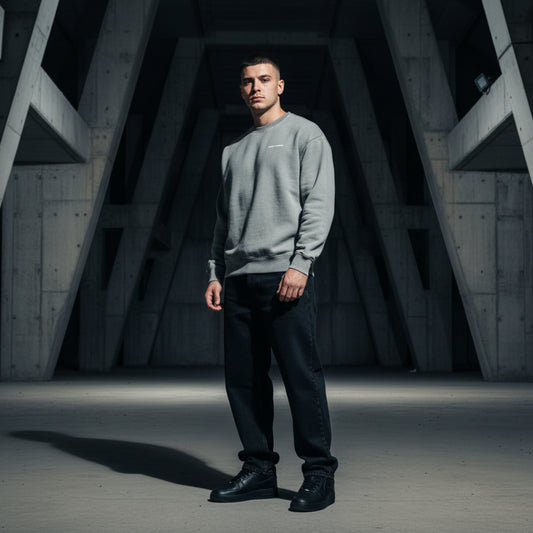 Gray sweatshirt with a small white logo on a male model