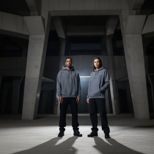 Garment dyed grey hoodie with white chest logo on both male and female model