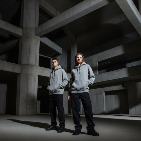 Light grey hoodie with small white chest logo on both male and female model