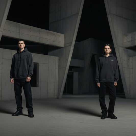 Garment dyed black hoodie with small white chest logo on bot male and female model