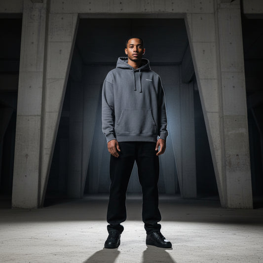 concrete Gray hoodie with a small white logo on male model