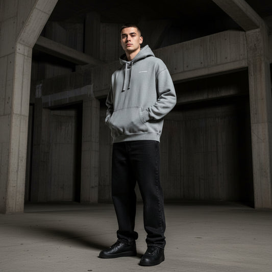 Light Gray hoodie with a small white logo on male model