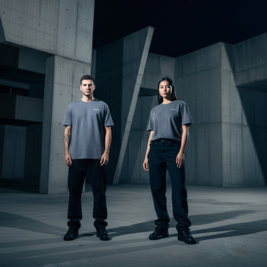 Vintage grey t-shirt with small white chest logo on both male and female model