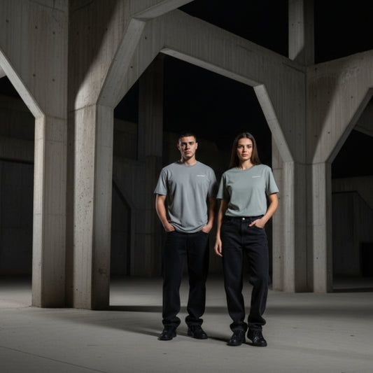 Nordic Vintage Stone t-shirt with white chest logo on both male and female model