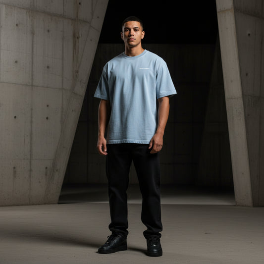 vintage Light blue t-shirt with a small white logo on male model
