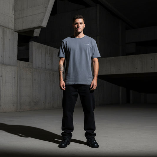Vintage Gray t-shirt with a small white logo on male model