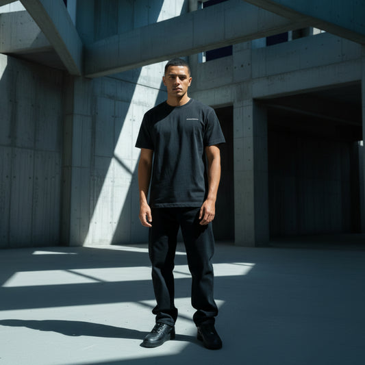 Vintage Black t-shirt with a small white logo on male model
