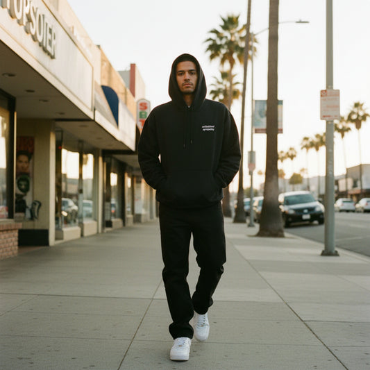 Black hoodie with 'unfinished sympathy' text on the chest on male model in LA