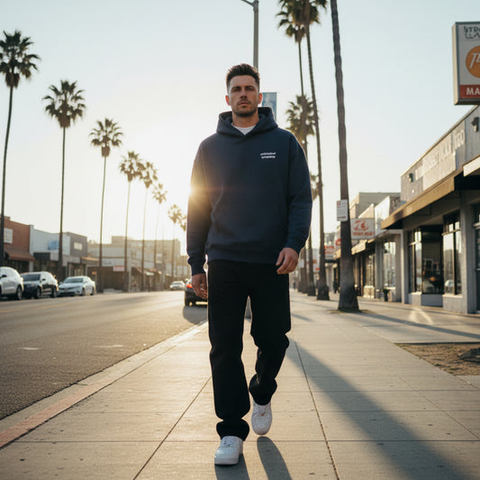 Navy blue hoodie with white text on the chest on male model in LA
