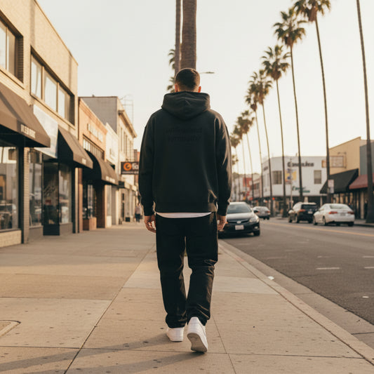 Black hoodie with 'unfinished sympathy' black text on the back on a male model in LA