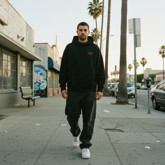 Black hoodie with brick red text on chest on male model in LA